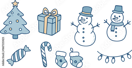 Christmas holiday vector icons with decorated tree snowmen candy mittens and lights for winter festive design