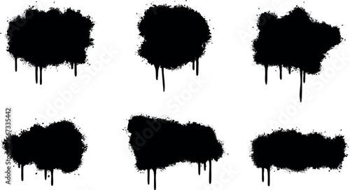 Black dripping paint splatter vector set with six different shapes for design and graffiti art