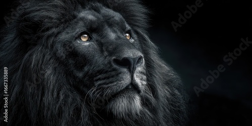Majestic black lion gazing with intensity in a dramatic, shadowy setting