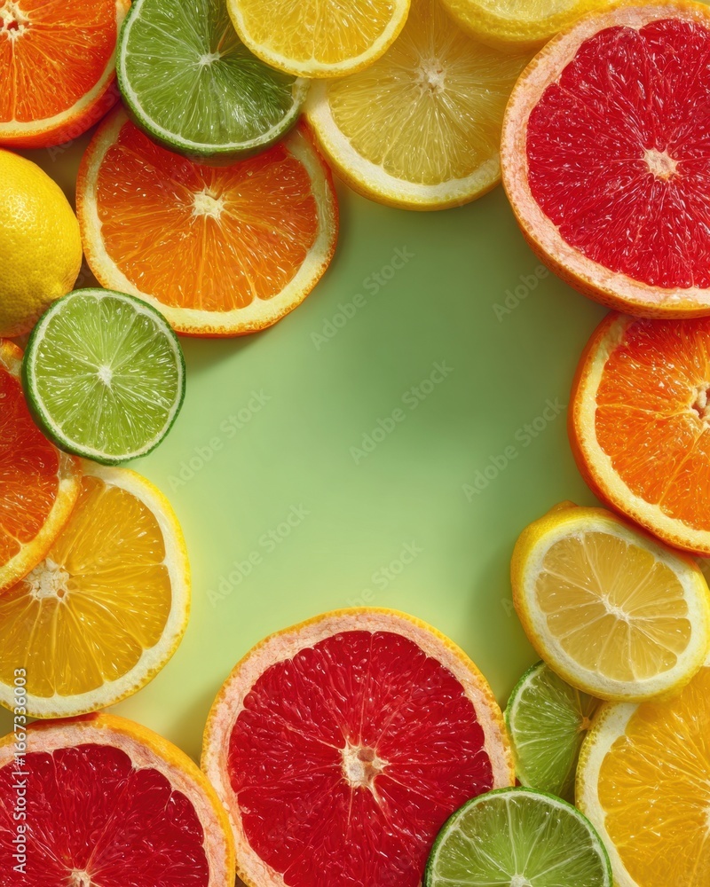 Obraz premium Neat circular frame of assorted citrus slices on soft pastel background with space for text.