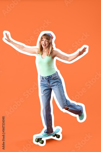 Happy young woman with skat...