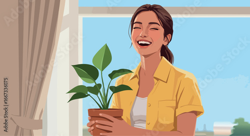 Woman holding houseplant smiling happily in bright indoor room with window and curtain vector illustration