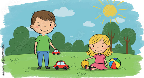 Happy children playing with toy cars and colorful ball outdoors on sunny day in green park natural setting