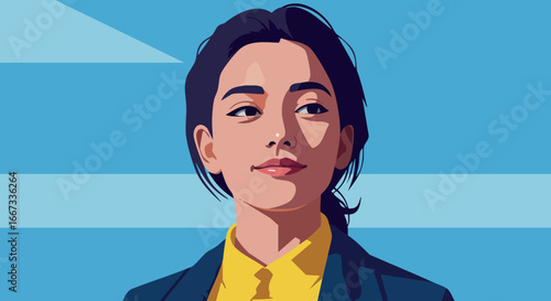 Confident young woman portrait with yellow shirt and blue jacket vector art illustration in modern style