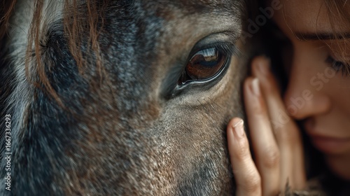 Close connection between a young woman and her horse during a quiet moment at sunset in a serene outdoor setting