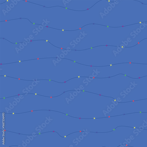 Horizontal Strings of Bright Christmas Lights Running Across a Royal Blue Night Sky creating a seamless pattern print