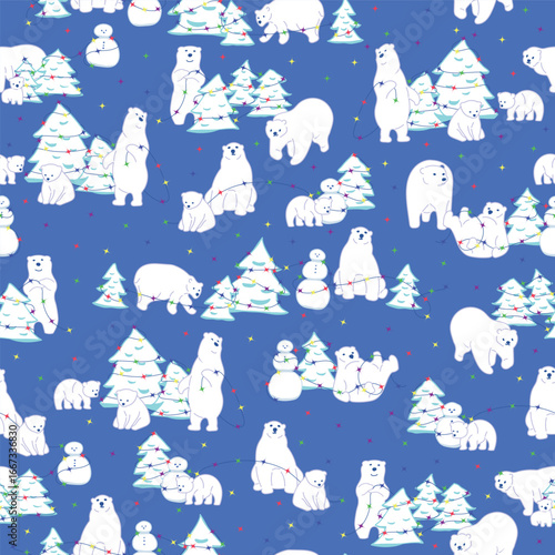 The Polar Bears Are Decorating for Christmas by Putting Up Colorful Christmas Lights creating a seamless pattern print