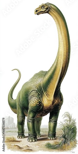 Brontosaurus dinosaur white background realistic color palette generative ai
