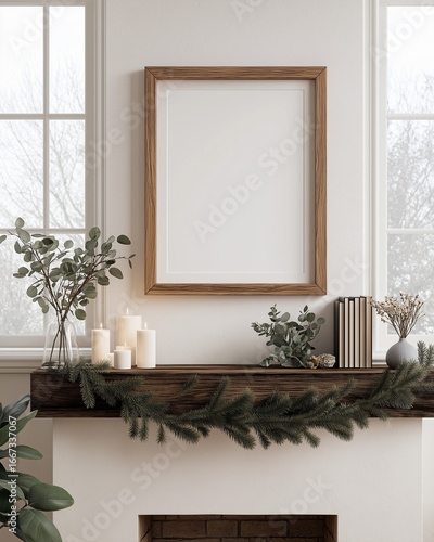 Frame mockup | 8x10 blank wooden frame above rustic mantel decorated with candles books and greenery | Cozy winter interior aesthetic | Wall art and print design template
