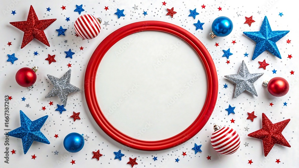 Obraz premium Red round frame with stars and christmas ornaments in patriotic colors