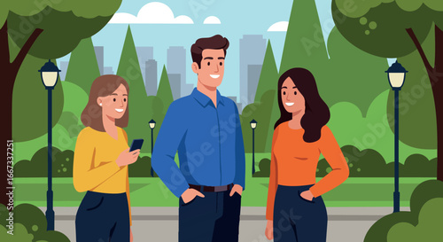 Young adults socializing outdoors in casual clothing with city park background and greenery landscape