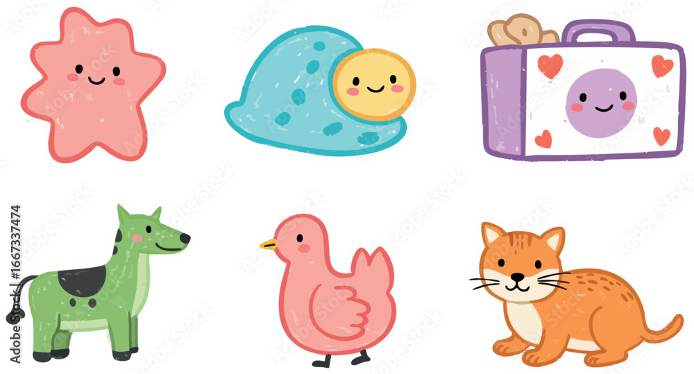 Fototapeta premium Cute colorful cartoon animals and objects vector set with star, shell, suitcase, cow, duck, and cat illustrations