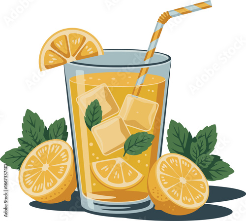  a tall glass of lemonade, filled with ice cubes, lemon slices, and fresh mint leaves.