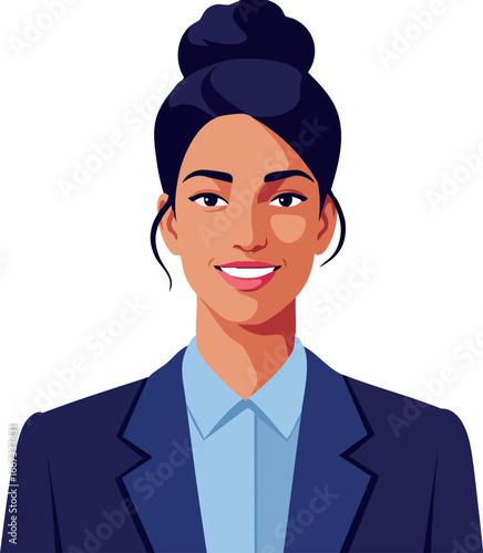 Businesswoman smiling confidently in navy blue blazer with hair bun and light blue shirt vector illustration