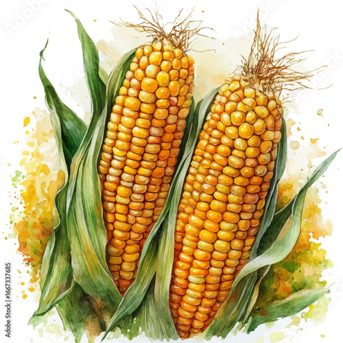 Harvest Corn Stalks, watercolor drawing vector, isolated on a white background.