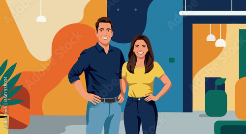 Couple standing indoors in modern colorful home interior smiling together vector illustration
