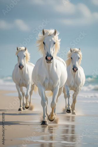 Three white horses running on the beach