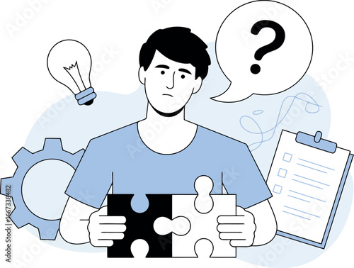  a man looking thoughtful and slightly perplexed, holding two interlocking puzzle pieces, one black and one white. Above him, a question mark and a light bulb float, suggesting he is grappling with a 