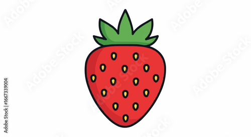 A vibrant illustration of a ripe strawberry with green leaves and seeds.