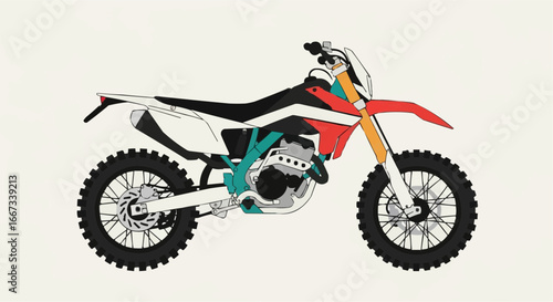 Illustration of a modern dirt bike showcasing design and components for motorcycle enthusiasts