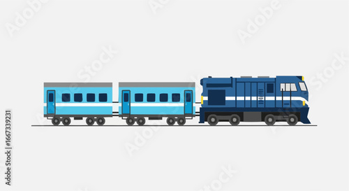 Blue Locomotive Pulling Passenger Cars Across a Simple Gray Background