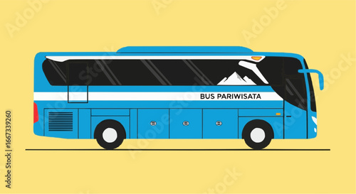 A detailed vector illustration of a modern blue tour bus, side view of a passenger coach vehicle for tourism and travel