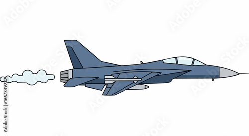 Cartoon style vector drawing of a supersonic fighter plane, an advanced military air vehicle isolated on white background