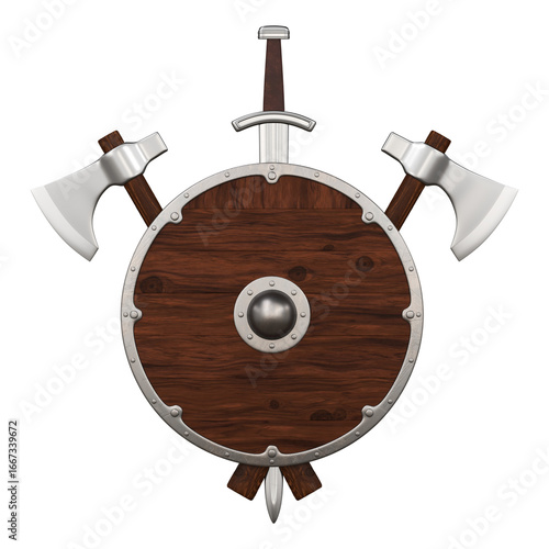 Medieval viking  shield with sword and crossed battle axes 3d render