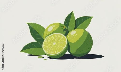 Two whole limes and one lime half, with vibrant green leaves, cast a subtle shadow on a light gray background; a few lime seeds are scattered nearby