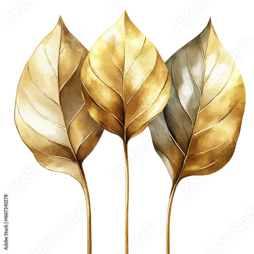 Golden Leaves, watercolor drawing vector, isolated on a white background.