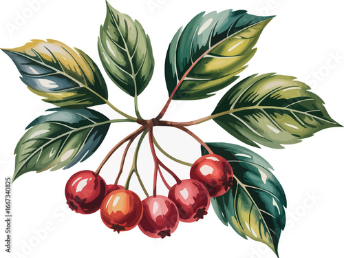 a charming bunch of cherries, with six red cherries emerging from a central point. Surrounding the cherries are several green and multi-colored leaves, adding a natural and fresh element to the compos