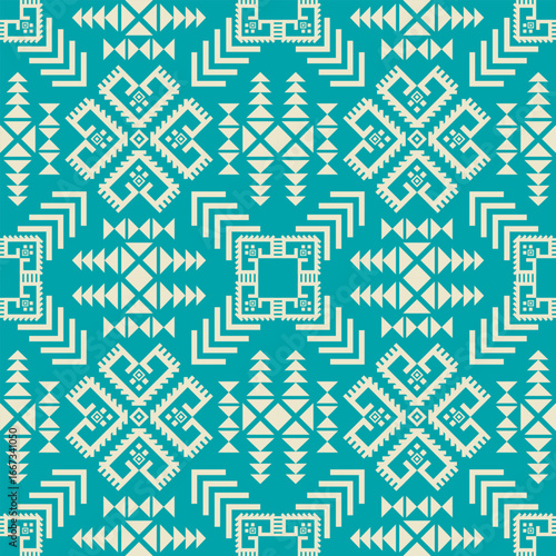 abstract tribal geometric pattern uses a primary color of blue-green, contrasting with off-white, creating a vibrant and modern look. It can be used on textiles, bed linen, towels, wall hangings.