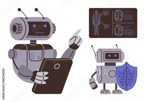 Robots reviewing human anatomy and brain diagnostics, one inspecting a tablet, one with a shield. Ideal for technology, AI, healthcare, innovation, data security, diagnostics futuristic design