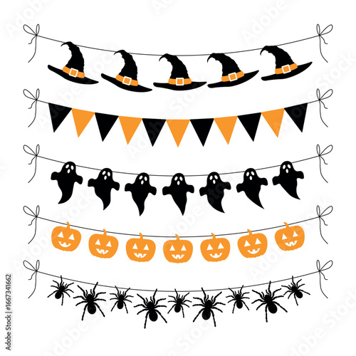 Halloween buntings set, black and orange garlands, hanging decoration, vector design elements