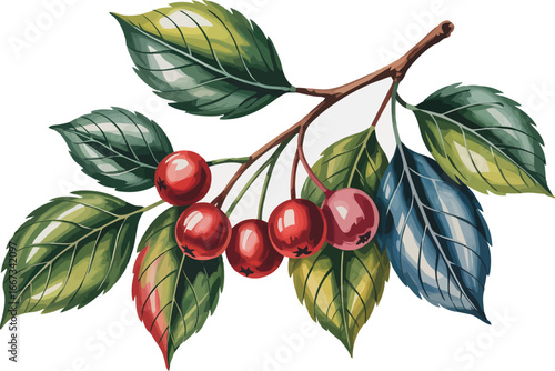 a branch of cherries, featuring five ripe red cherries clustered together. The branch is adorned with several green and partially colored leaves, indicating the changing seasons. 