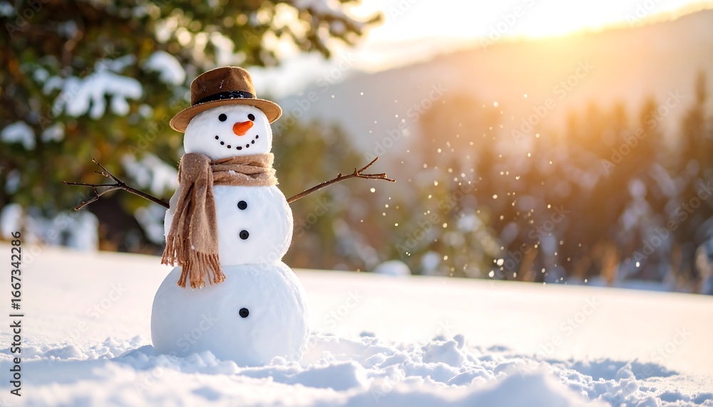 Obraz premium Joyful Snowman in Snowy Landscape with Golden Sunset.