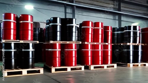 Dark warehouse with pallets holding red and black barrels or barrel containers filled with fossil fuels. Petrol gas, oil storage in gallon created with generative ai