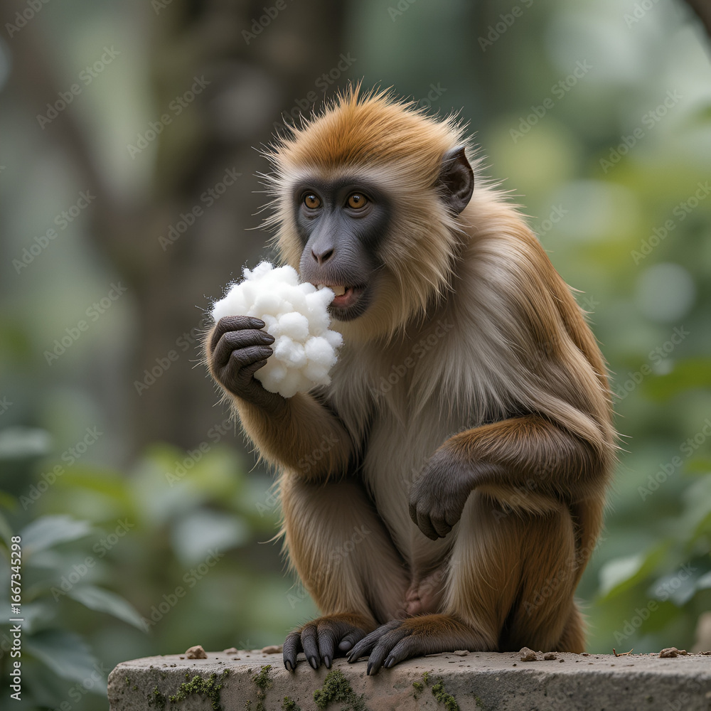 Fototapeta premium Barbary macaque ape, rhesus monkey eating cotton wool, wildlife and urban environment in India, jungle rainforest animal in city