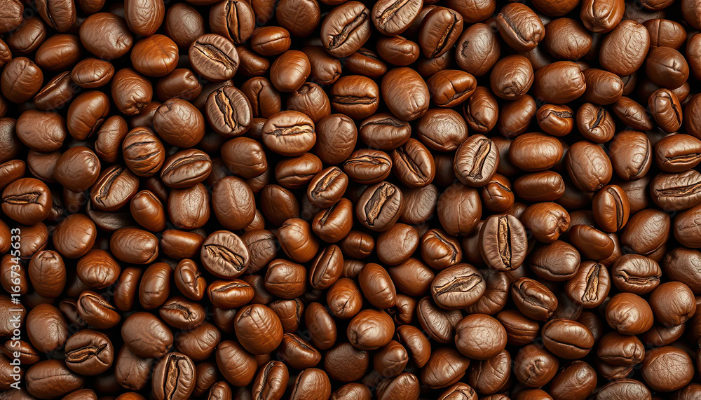 Obraz premium Close up background texture of roasted coffee beans covering entire frame, rich brown organic caffeine ingredient, seamless pattern design resource for cafe branding, espresso packaging or food presen