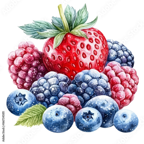 Frozen Berries, watercolor illustration vector, isolated on a white background.