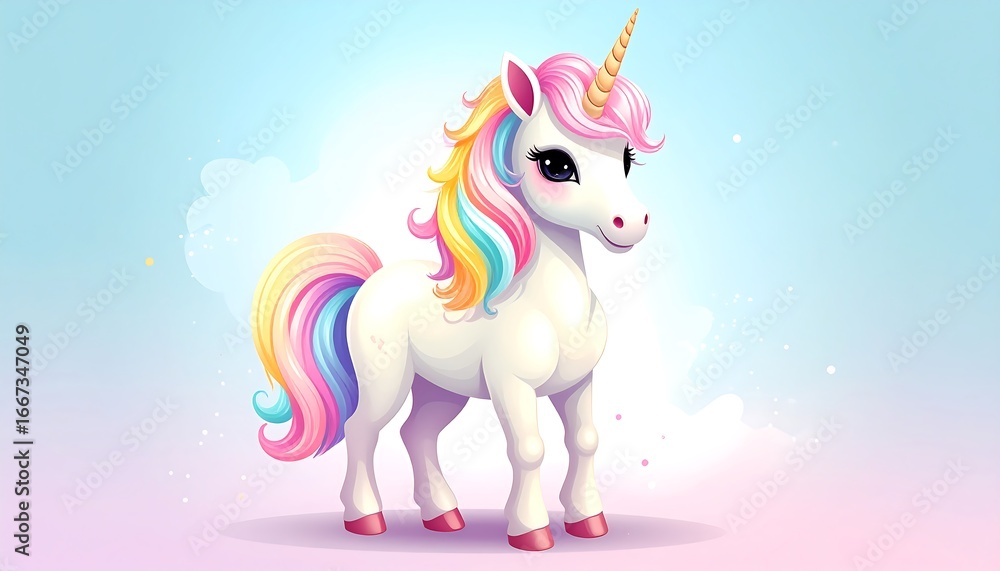 Fototapeta premium Enchanting White Unicorn with Rainbow Mane and Tail.