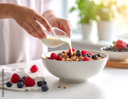Person pouring milk over granola with berries