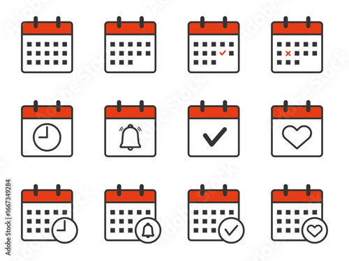 Calendar Icon Set with Date, Reminder and Event Symbols