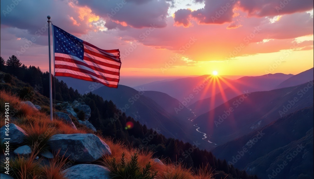 Obraz premium Majestic mountain vista, waving American flag at sunset Wide angle nature photography , nature, vista
