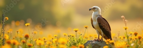 Egyptian vulture perched, wildflowers surround, sunlit meadow , animal in nature, animal photography, wildlife scene