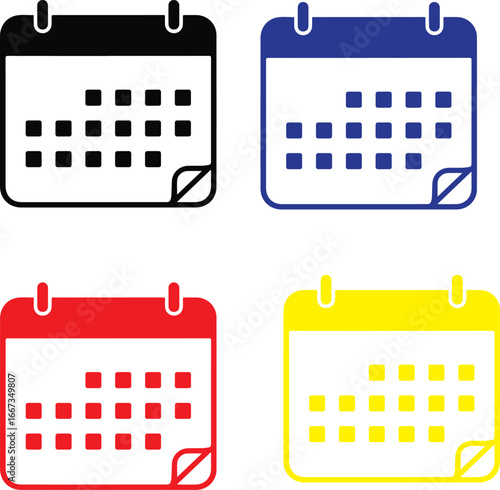 Four Calendar Icons Black Blue Red Yellow With Grid Layout date schedule