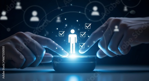 Two hands interact with a glowing human silhouette surrounded by checkmarks and network connections people technology business data digital communication