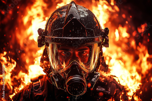 Close-up of a firefighter exiting a raging blaze. Firefighter looking at the camera. High-resolution image.