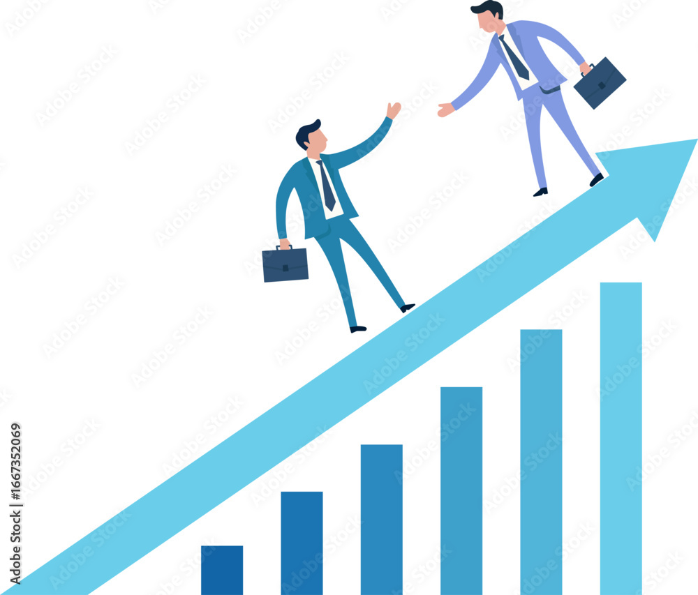 Fototapeta premium A businessman helps a colleague climb a growth arrow above a bar chart, symbolizing teamwork, mentorship, and shared business success