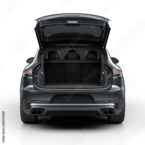 Rear view of an open black luxury suv trunk isolated on white background